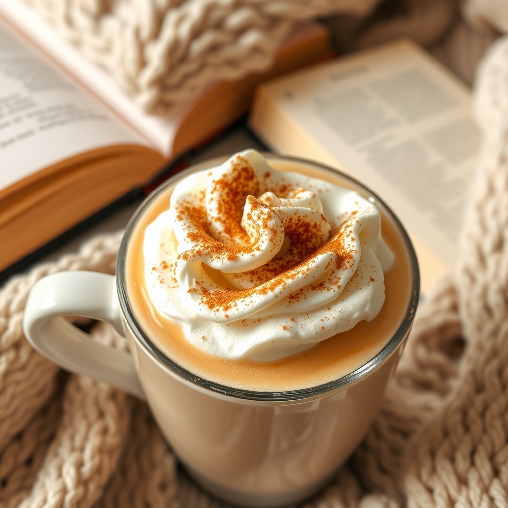 Cozy Vanilla Bean Latte Recipe A cozy vanilla bean latte in a cup with whipped cream and cinnamon, surrounded by a warm blanket and a book.